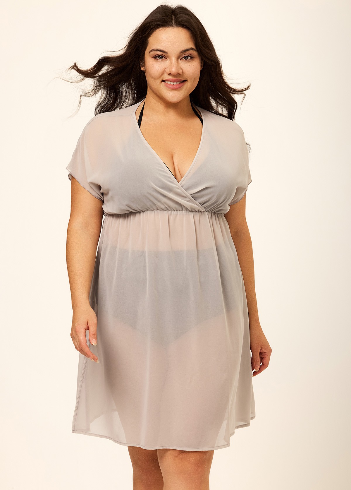 Gray V Neck Semi-Sheer Split Boho Style Cover Up