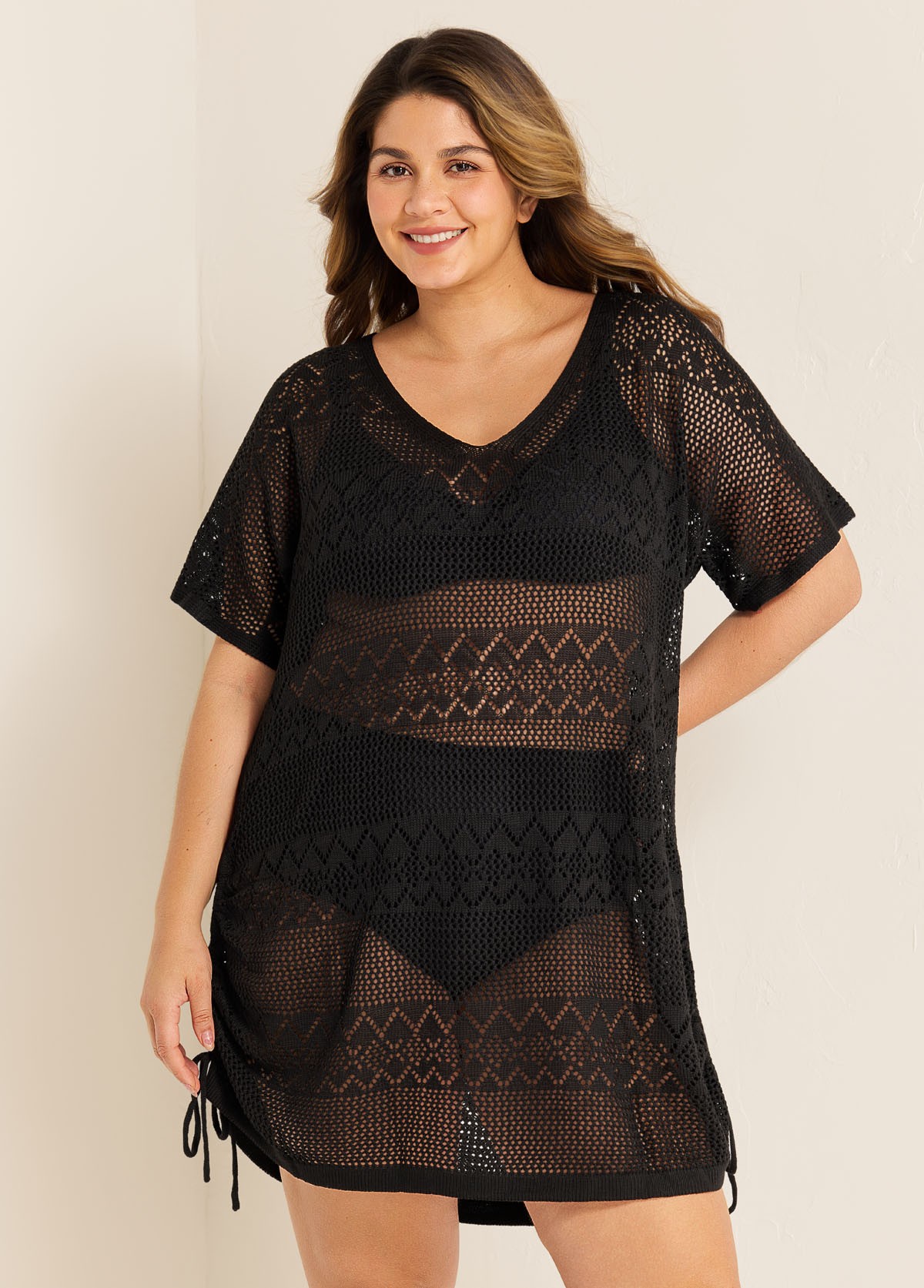 Black V Neck Cut Out Drawstring Swim Cover Up