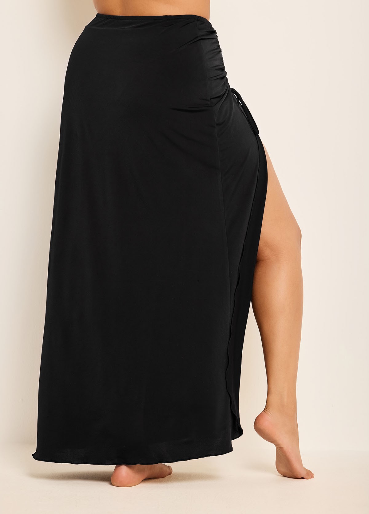 Black Drawstring Side Slit Coverup Skirt