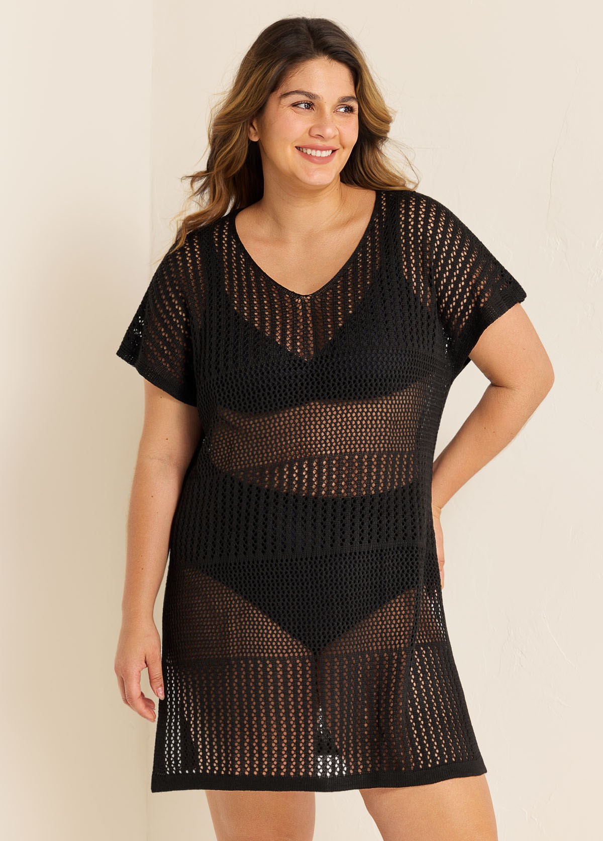 Black Plus Size Simple Side Slit Cover Up