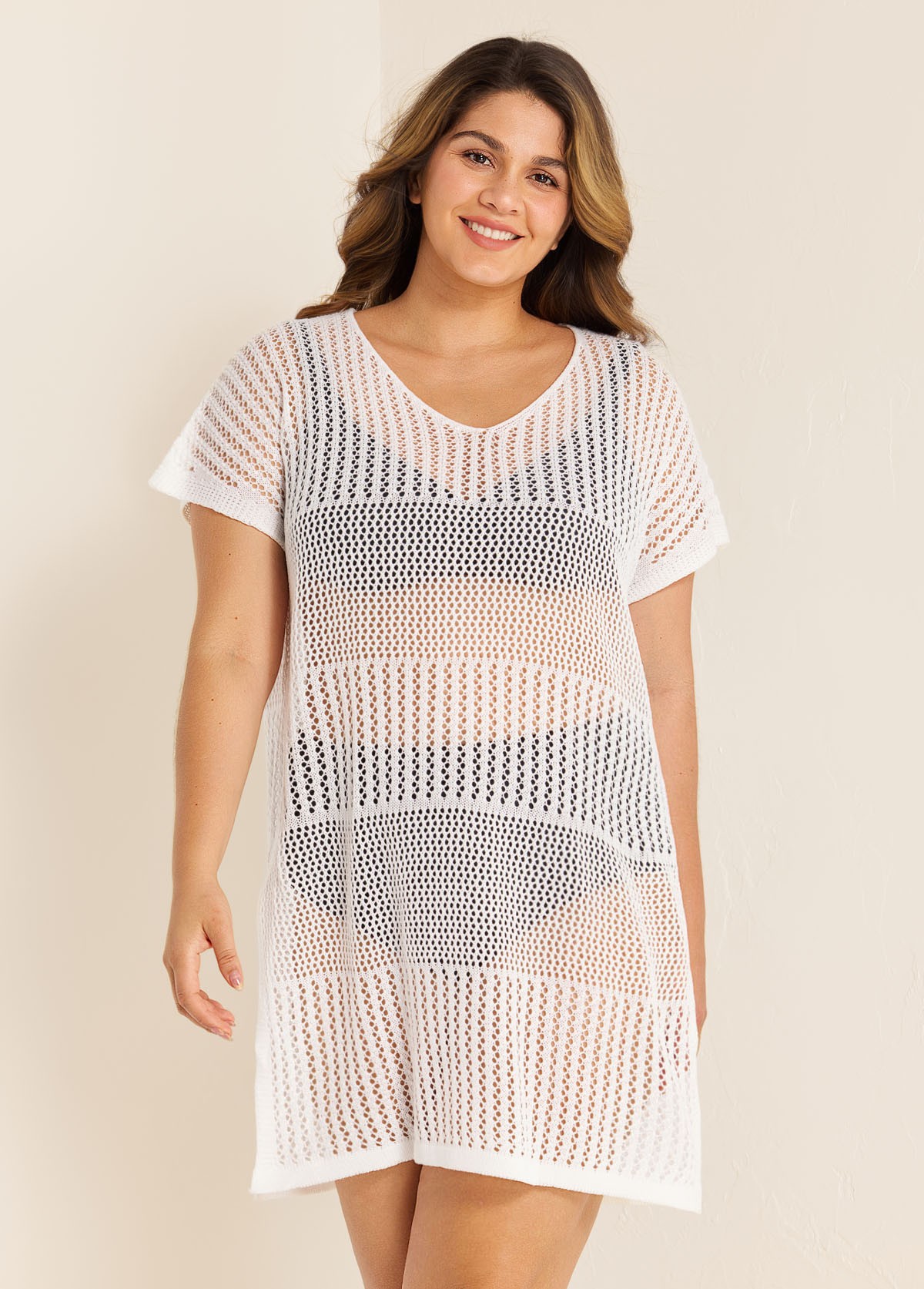 White Plus Size Simple Side Slit Cover Up