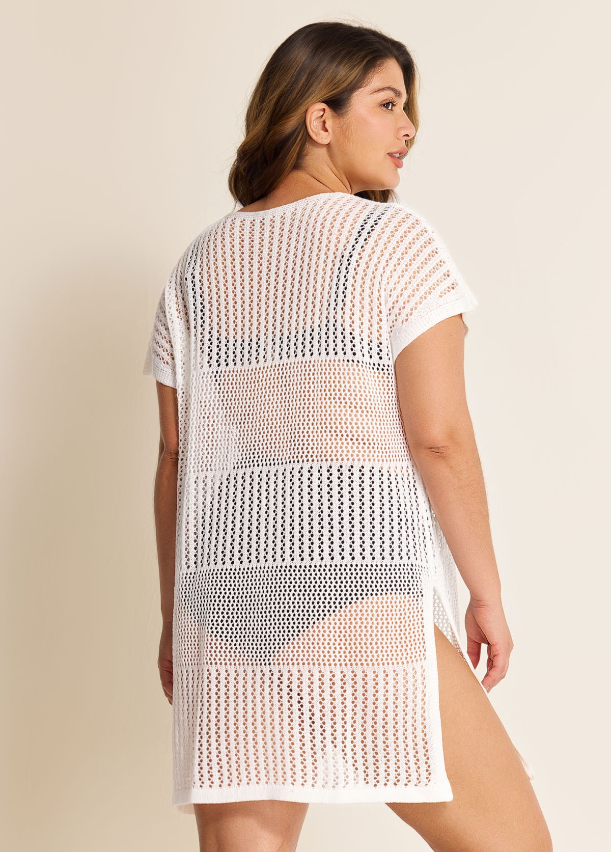 White Plus Size Simple Side Slit Cover Up