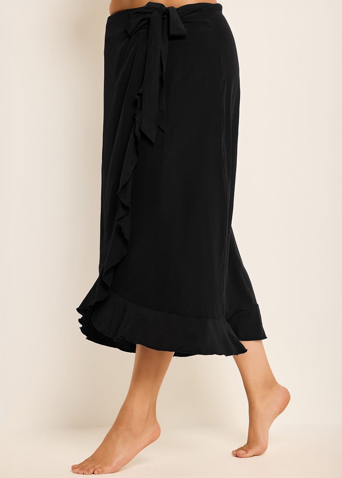Black Plus Size Holiday Casual Ruffle Trim Tie Wrap Cover Up Skirt