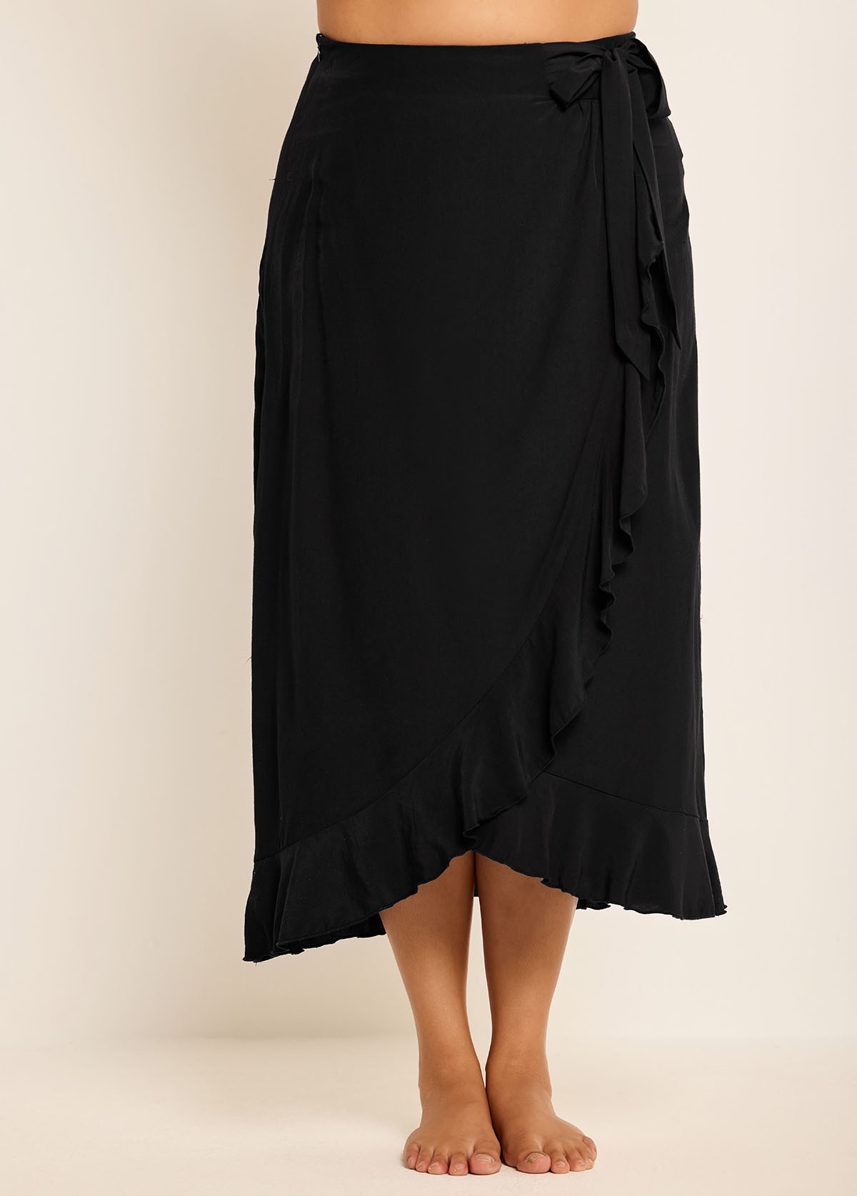 Black Plus Size Holiday Casual Ruffle Trim Tie Wrap Cover Up Skirt