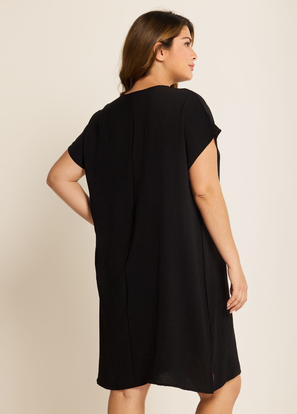 Black Lace Up Neckline Short Sleeves Plus Size Bathing Suit Cover Ups Dress