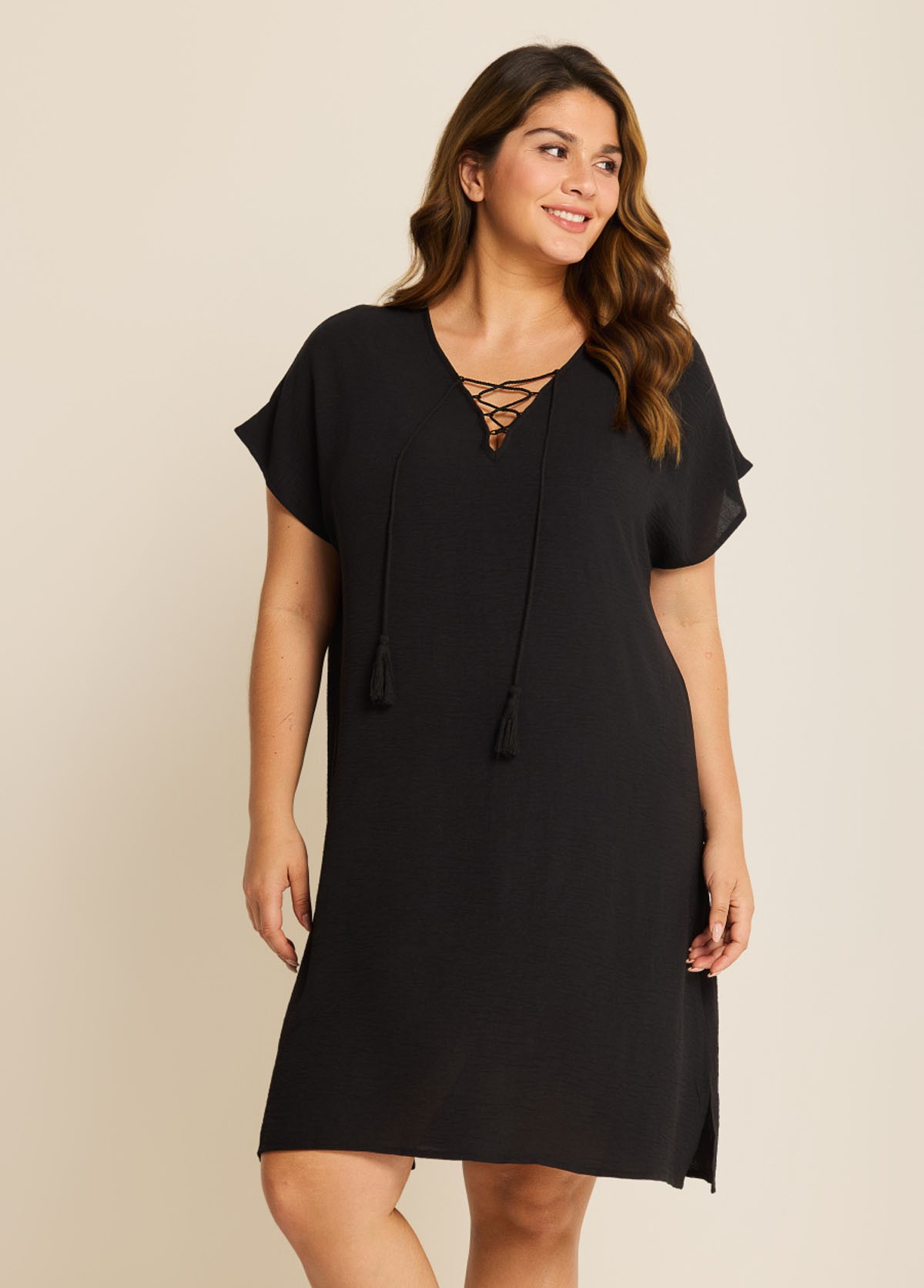 Black Lace Up Neckline Short Sleeves Plus Size Bathing Suit Cover Ups Dress