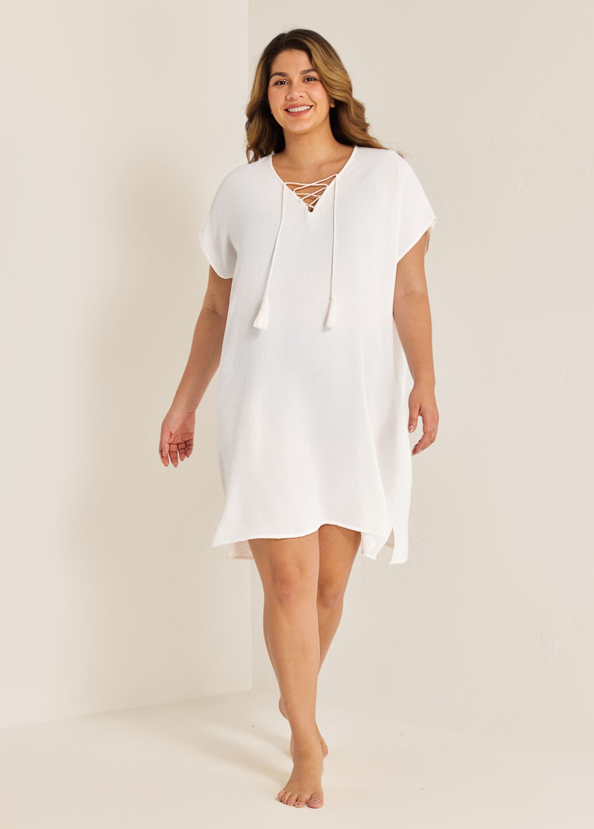 White Lace Up Neckline Short Sleeves Plus Size Bathing Suit Cover Ups Dress