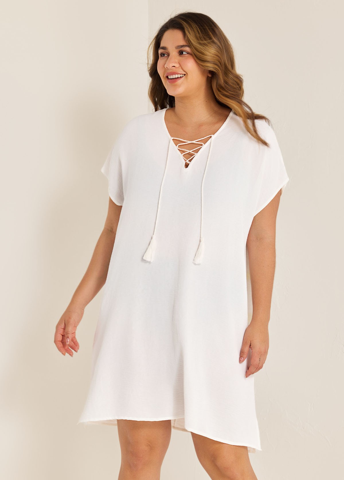 White Lace Up Neckline Short Sleeves Plus Size Bathing Suit Cover Ups Dress