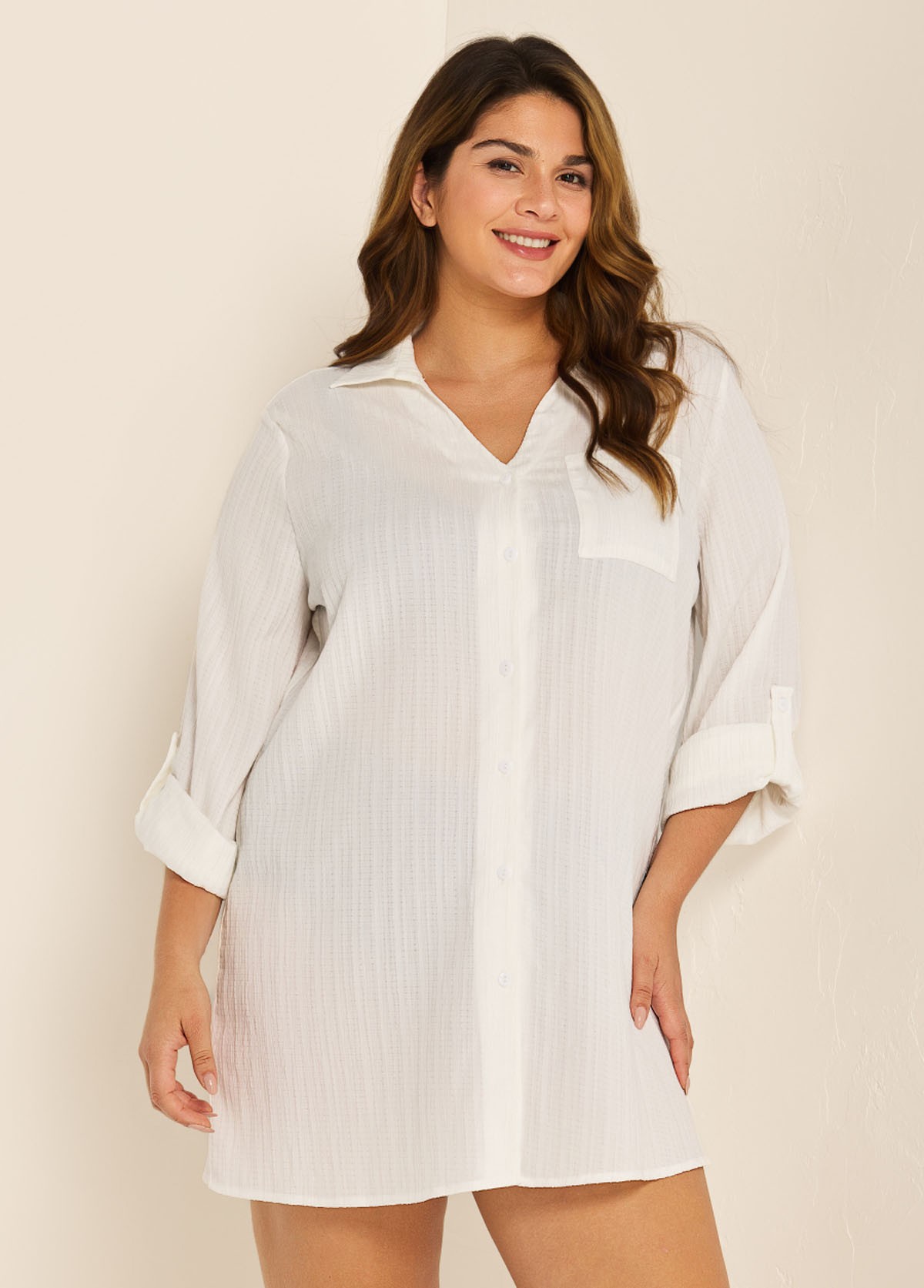 Plus Size White Button Front Collar Beachwear Cover Ups Blouse Dress