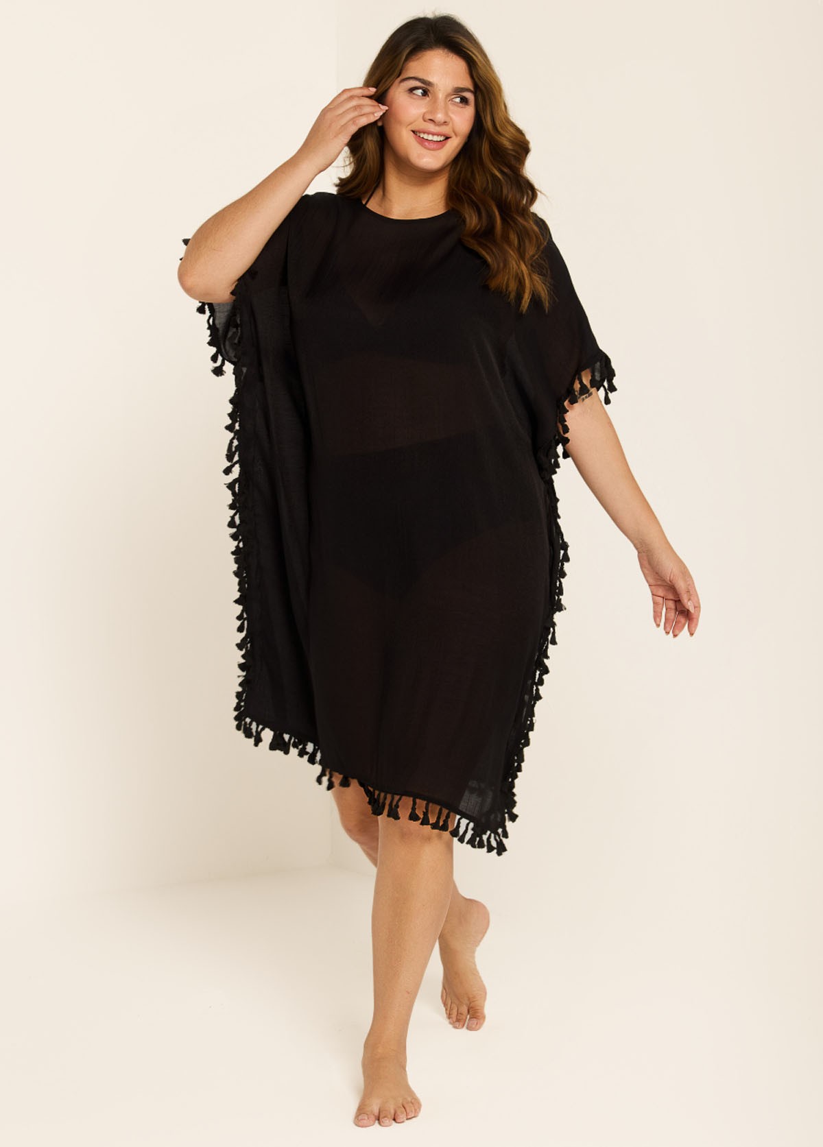 Plus Size Black Tassel Short Sleeve Swimsuit Cover Up Dress