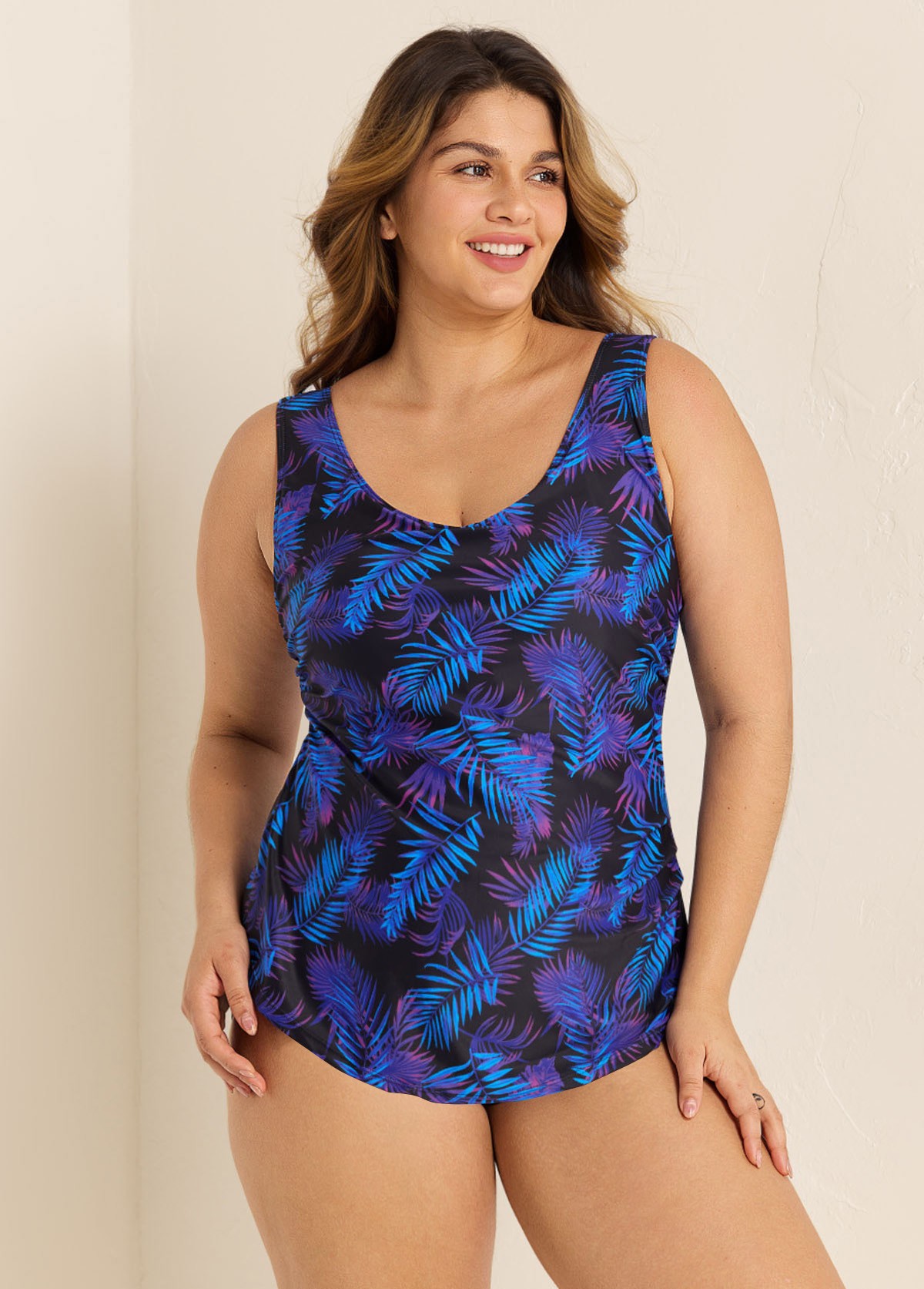 Purple Plants Print Stylish Plus Size Modest One Piece Swimsuit