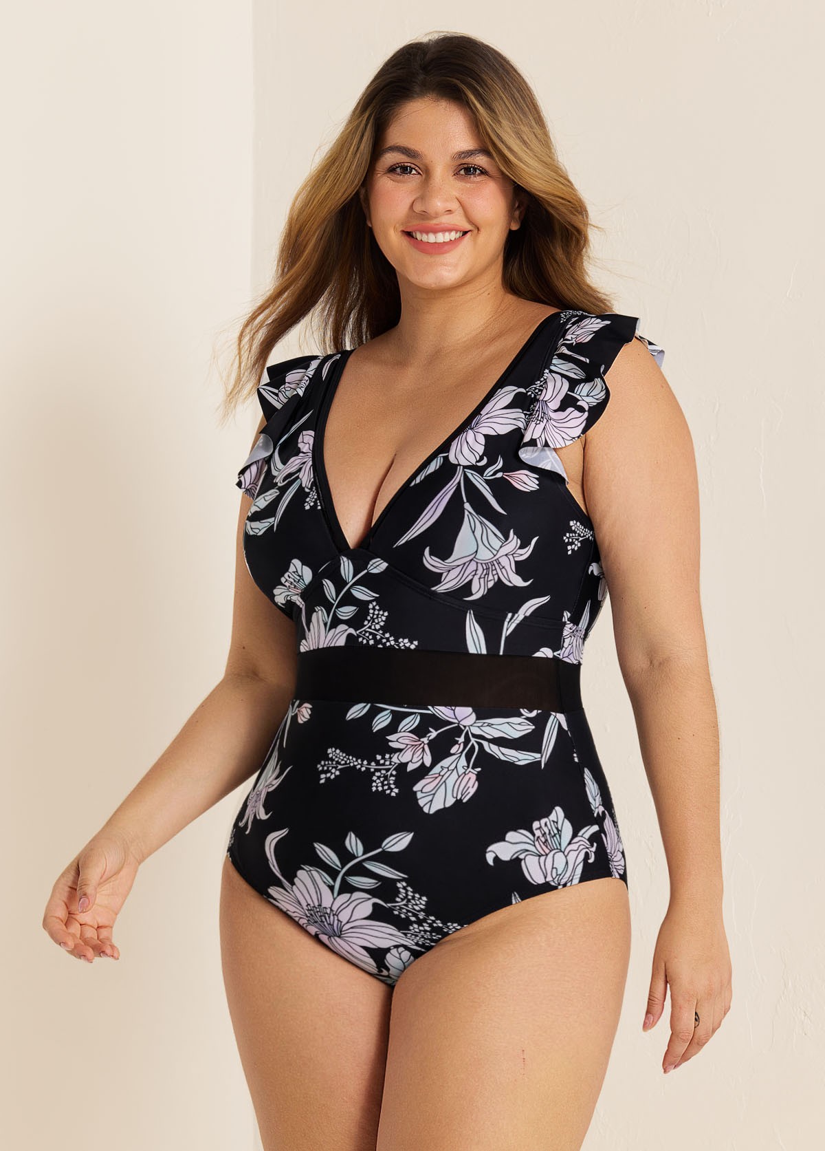 Black And White Floral Print Ruffle V-Neck Mesh One Piece Swimsuit