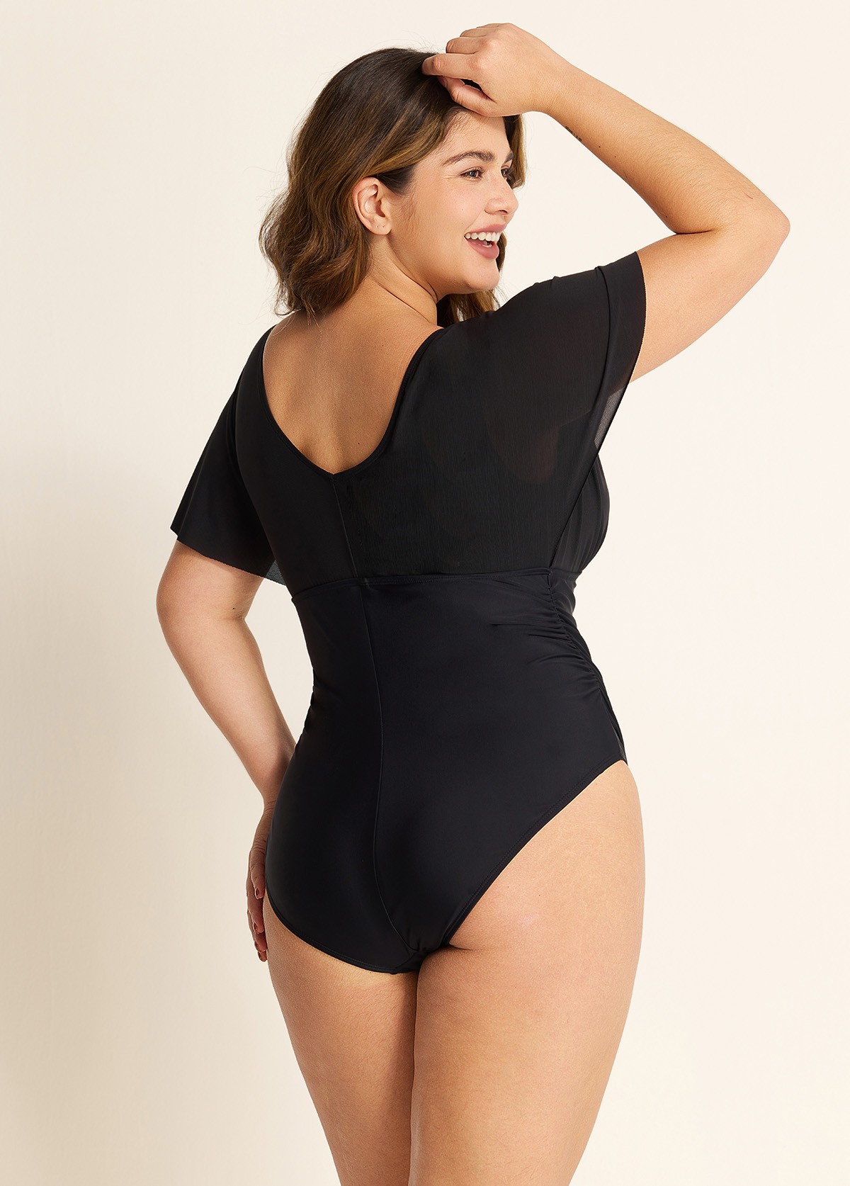 Black V Neck Mesh Flutter Sleeves One Piece Swimsuit