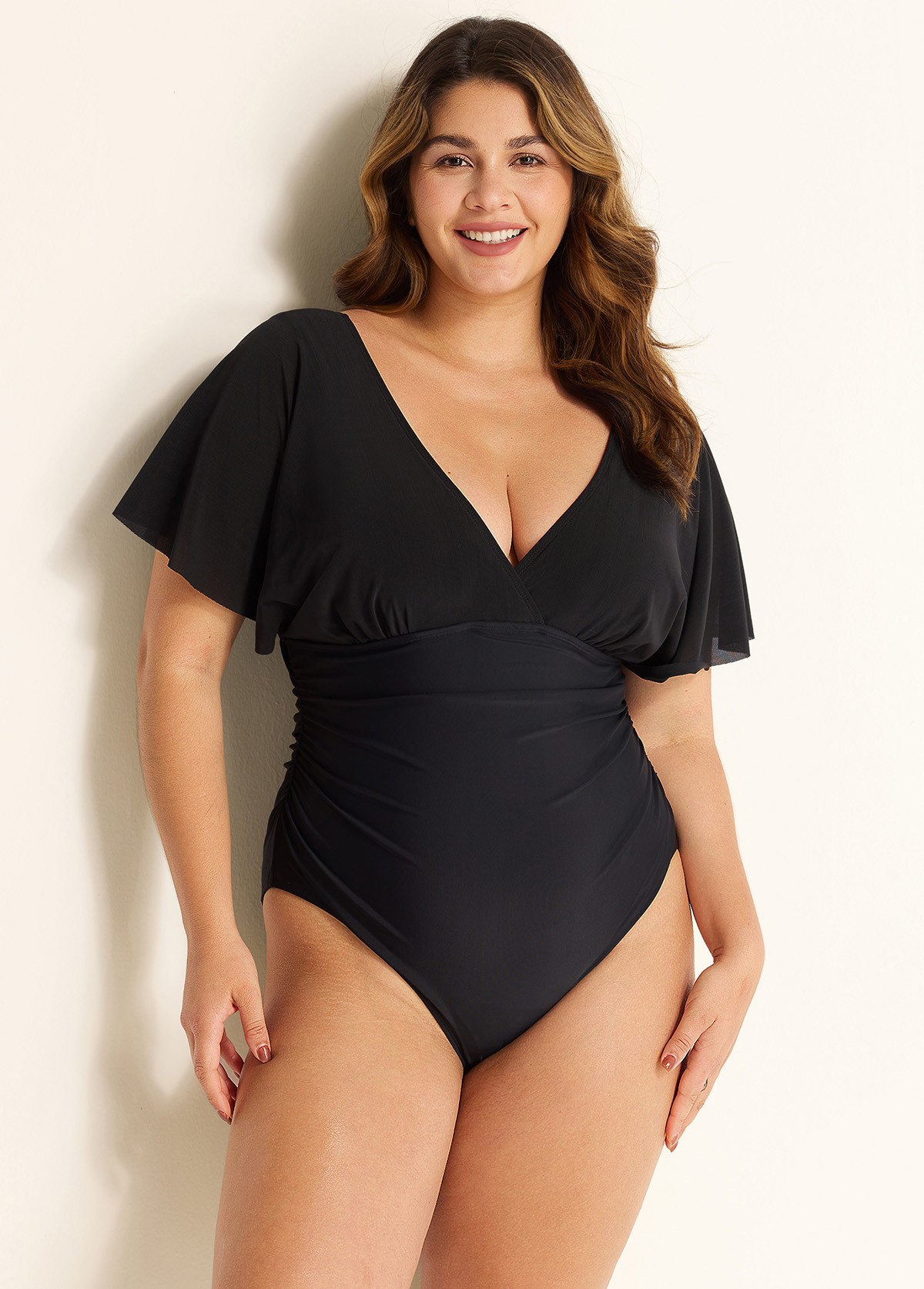 Black V Neck Mesh Flutter Sleeves One Piece Swimsuit