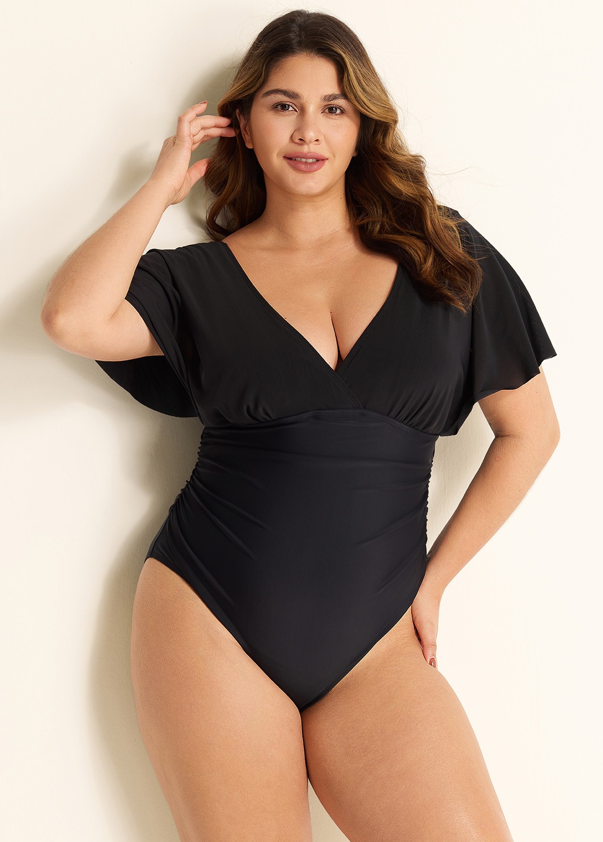 Black V Neck Mesh Flutter Sleeves One Piece Swimsuit
