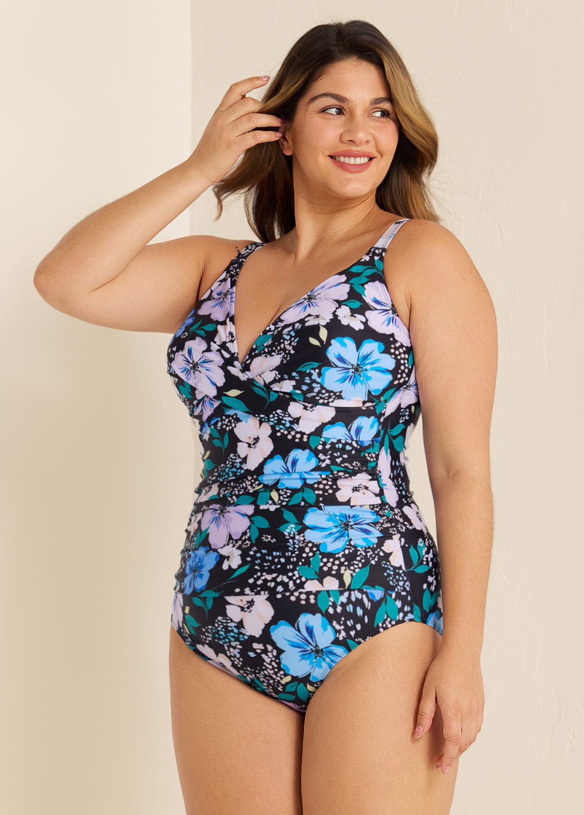 Plus Size V Neck Wrap Adjustable Straps One Piece Swimsuit