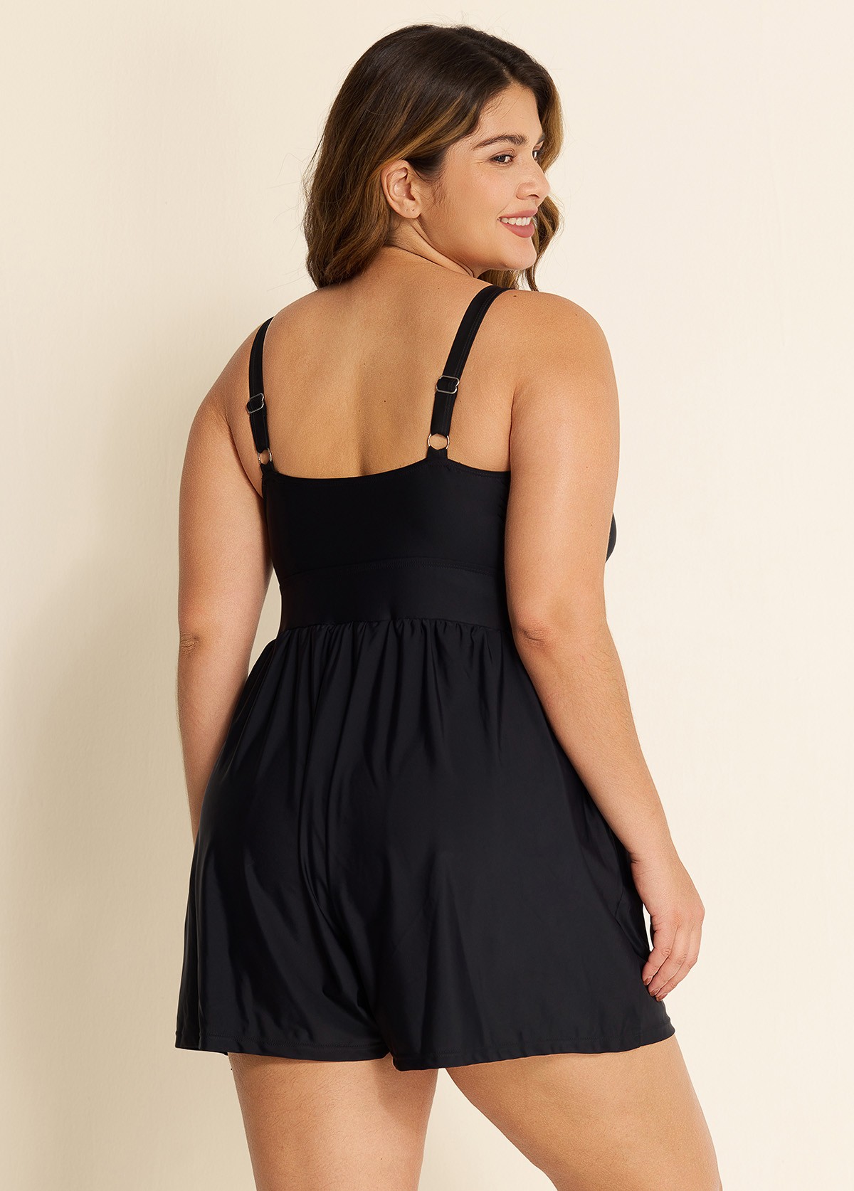 Plain Black Bowknot Pocket Gathered Romper One Piece Swimsuit