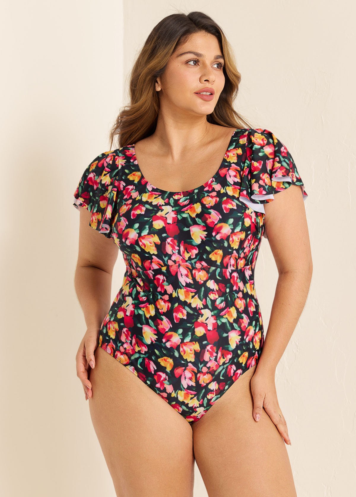 Curvy Red Floral Short Sleeve Swimsuit And Swimwear One Piece Swimsuit