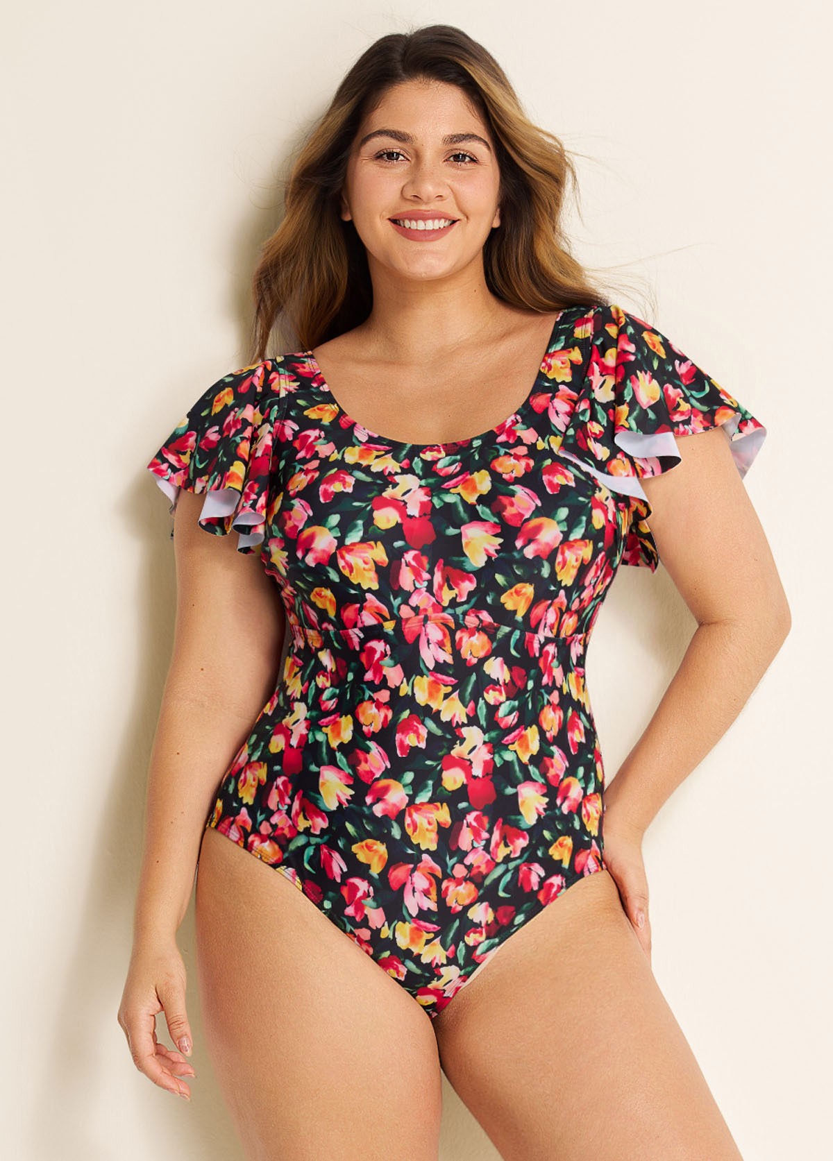 Curvy Red Floral Short Sleeve Swimsuit And Swimwear One Piece Swimsuit