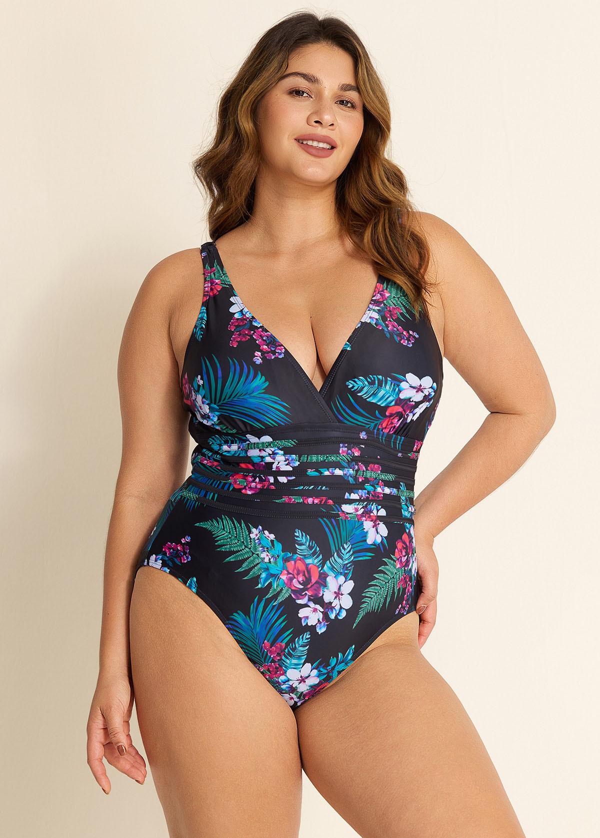 Black Floral Print V Neck Waist Detail One Piece Swimsuit