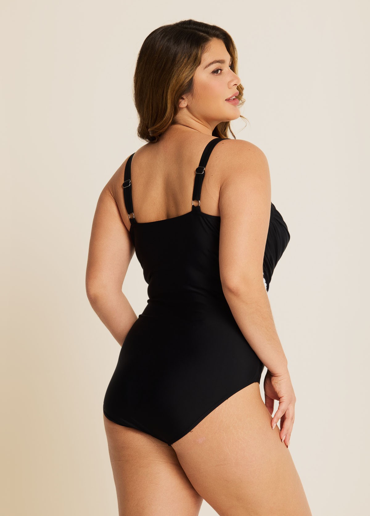 Black And White V Neck Crossover Pleated One Piece Swimsuit