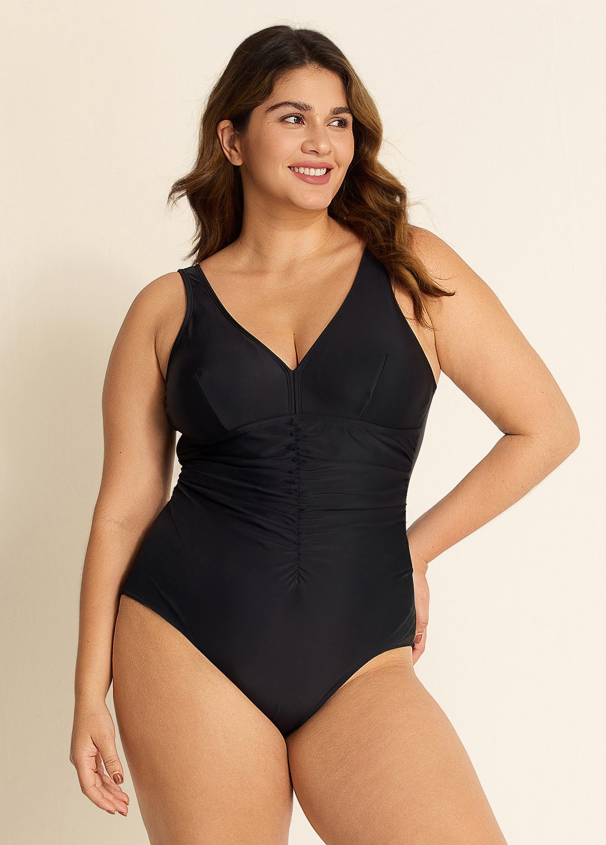 Black V Neck Ruched Cut One Piece Swimsuit