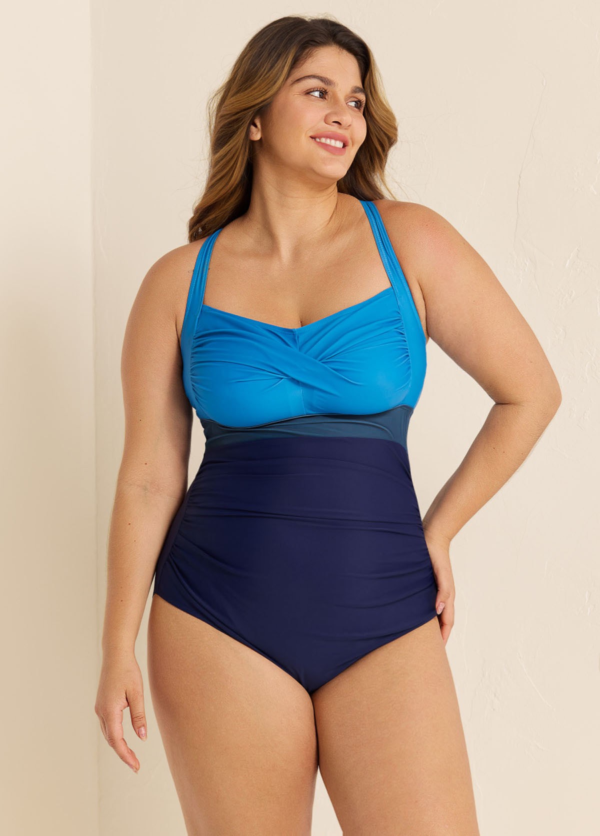 Blue Panelled Twist Front Modest Plus Size One Piece Swimsuit