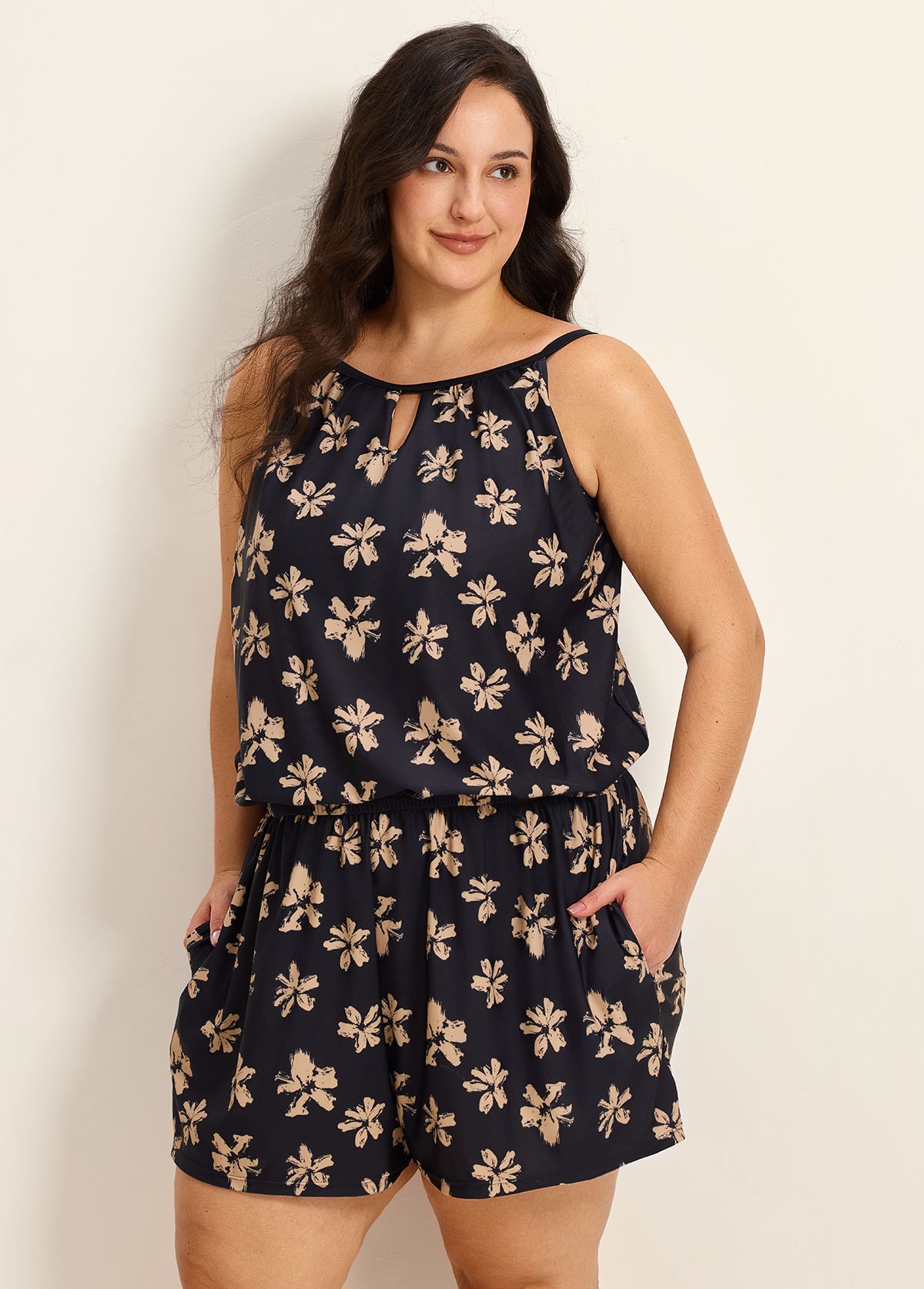 Yellow Floral Keyhole Neck Modest Pocket Curvy Women's Swimsuit One Piece Swim Romper