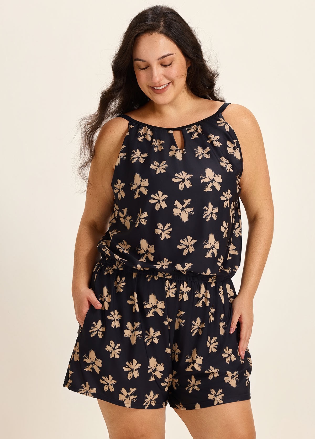 Yellow Floral Keyhole Neck Modest Pocket Curvy Women's Swimsuit One Piece Swim Romper