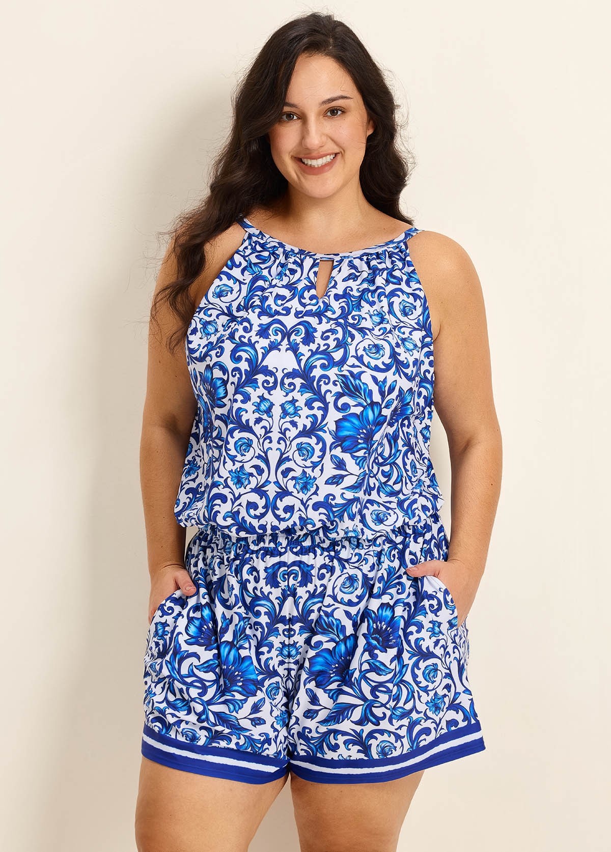 Plus Size Blue Floral Print High Neck Flattering Pocket Swimsuit One Piece Swim Romper