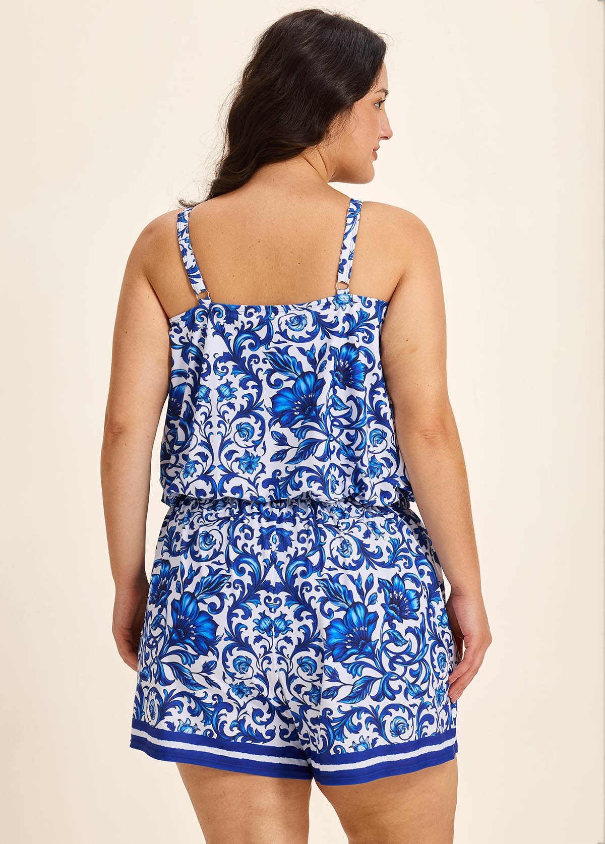 Plus Size Blue Floral Print High Neck Flattering Pocket Swimsuit One Piece Swim Romper