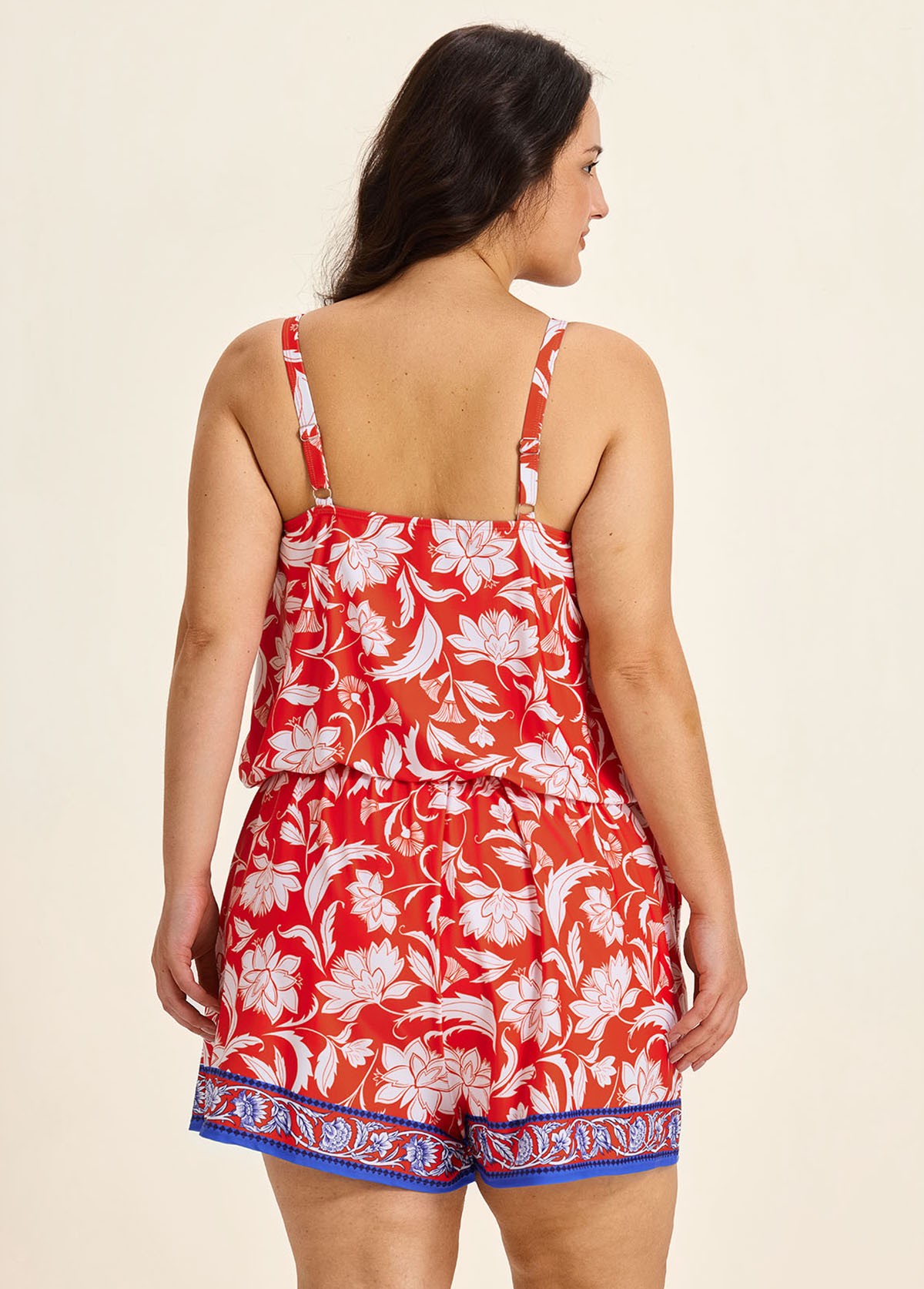 Curvy Red Floral Keyhole Neck Flattering Pocket Women's Swimsuit One Piece Swim Romper