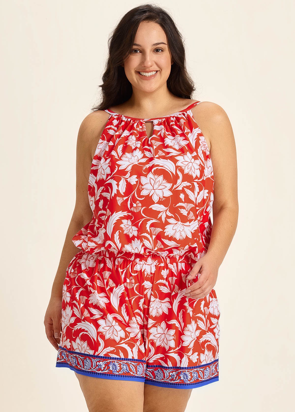 Curvy Red Floral Keyhole Neck Flattering Pocket Women's Swimsuit One Piece Swim Romper