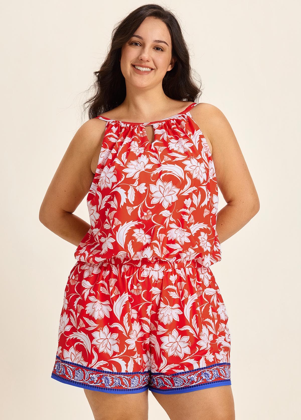 Curvy Red Floral Keyhole Neck Flattering Pocket Women's Swimsuit One Piece Swim Romper