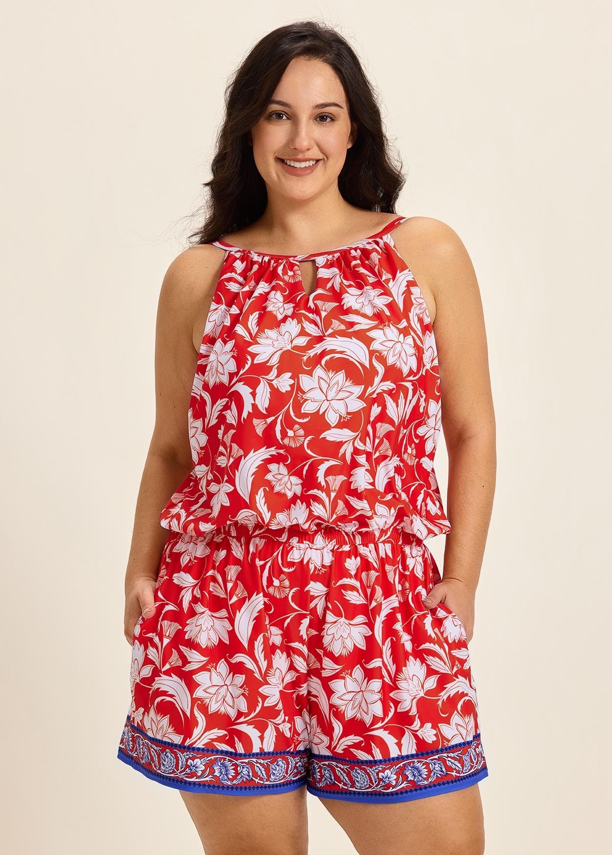 Curvy Red Floral Keyhole Neck Flattering Pocket Women's Swimsuit One Piece Swim Romper