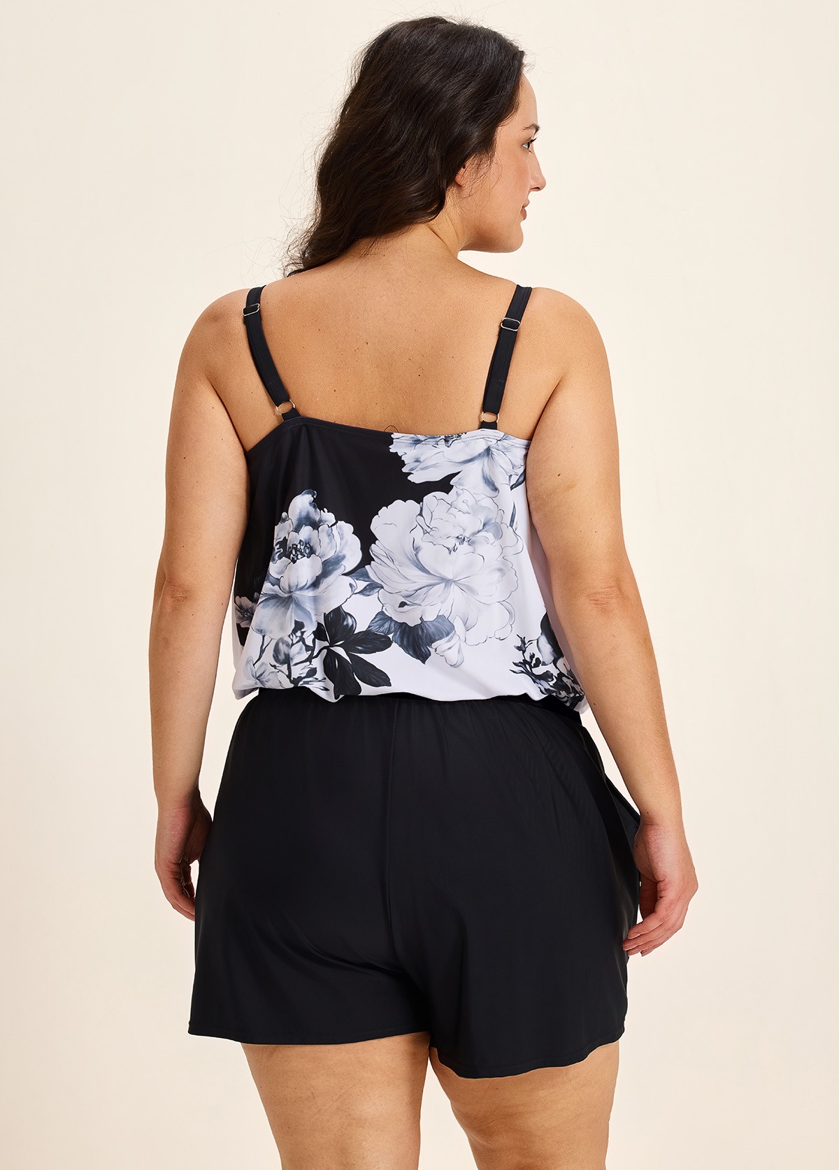Black And White Floral High Neck Vintage Pocket Plus Size Swimsuit One Piece Swim Romper