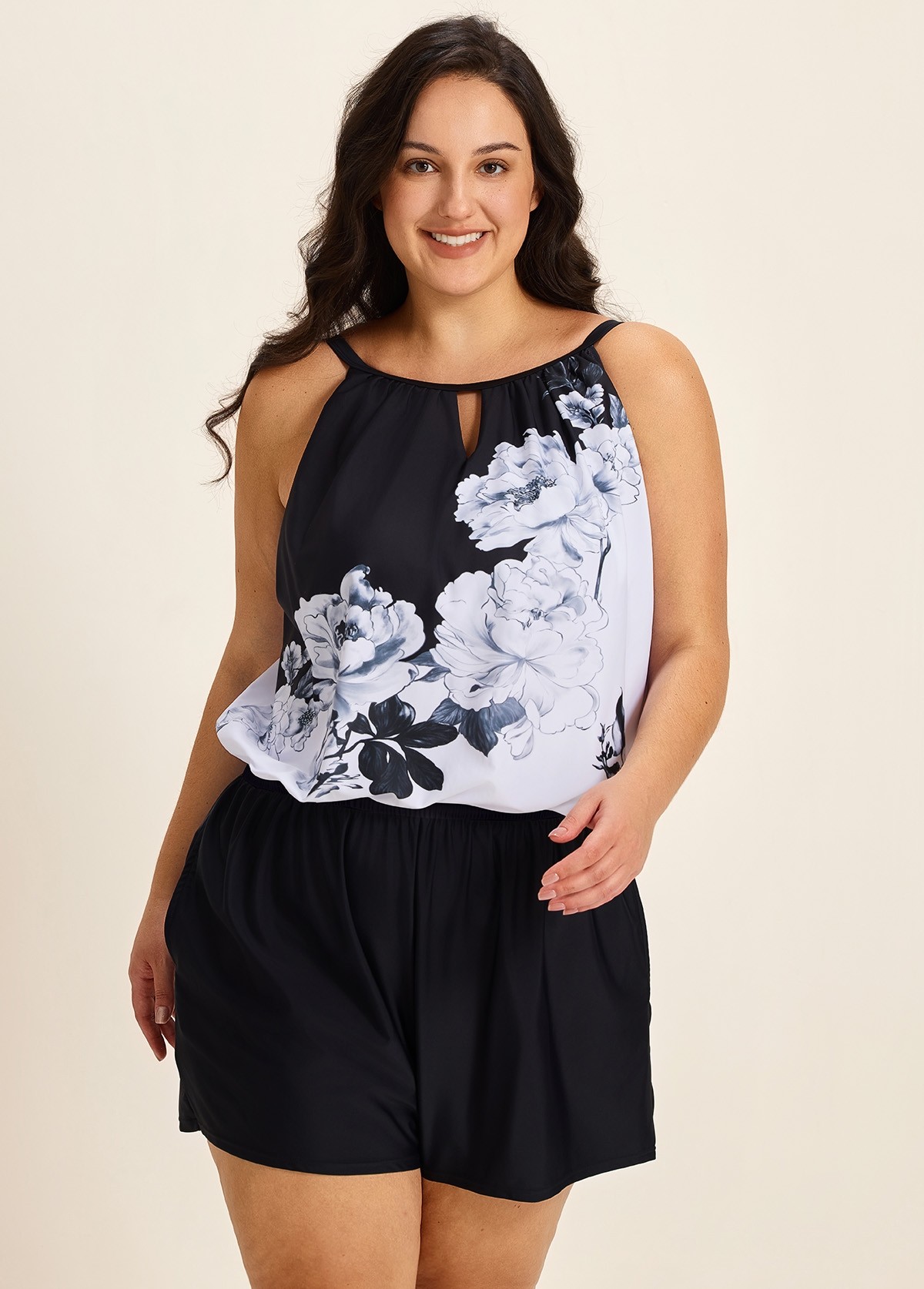 Black And White Floral High Neck Vintage Pocket Plus Size Swimsuit One Piece Swim Romper