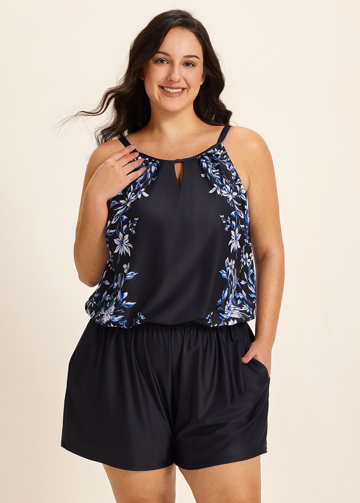 Black Floral Keyhole Neck Flattering Pocket Curvy Women's Swimsuit One Piece Swim Romper