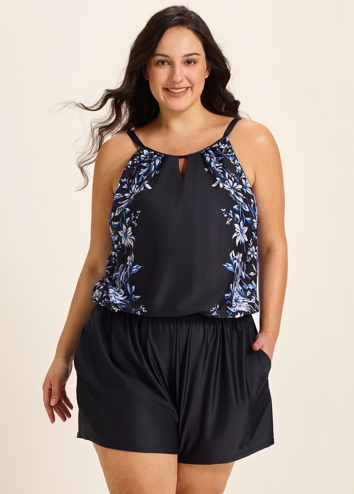 Black Floral Keyhole Neck Flattering Pocket Curvy Women's Swimsuit One Piece Swim Romper
