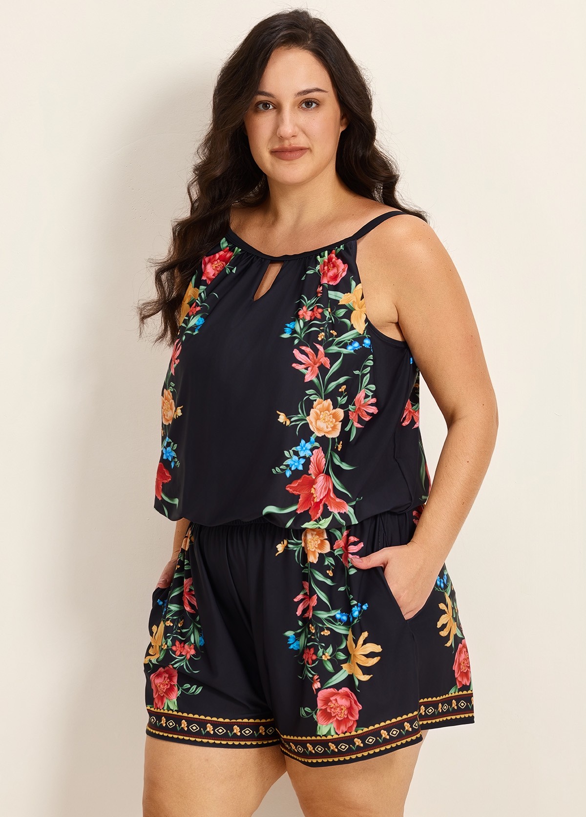 Plus Size Black Tropical Floral Keyhole Neck Modest Pocket Swimsuit One Piece Swim Romper