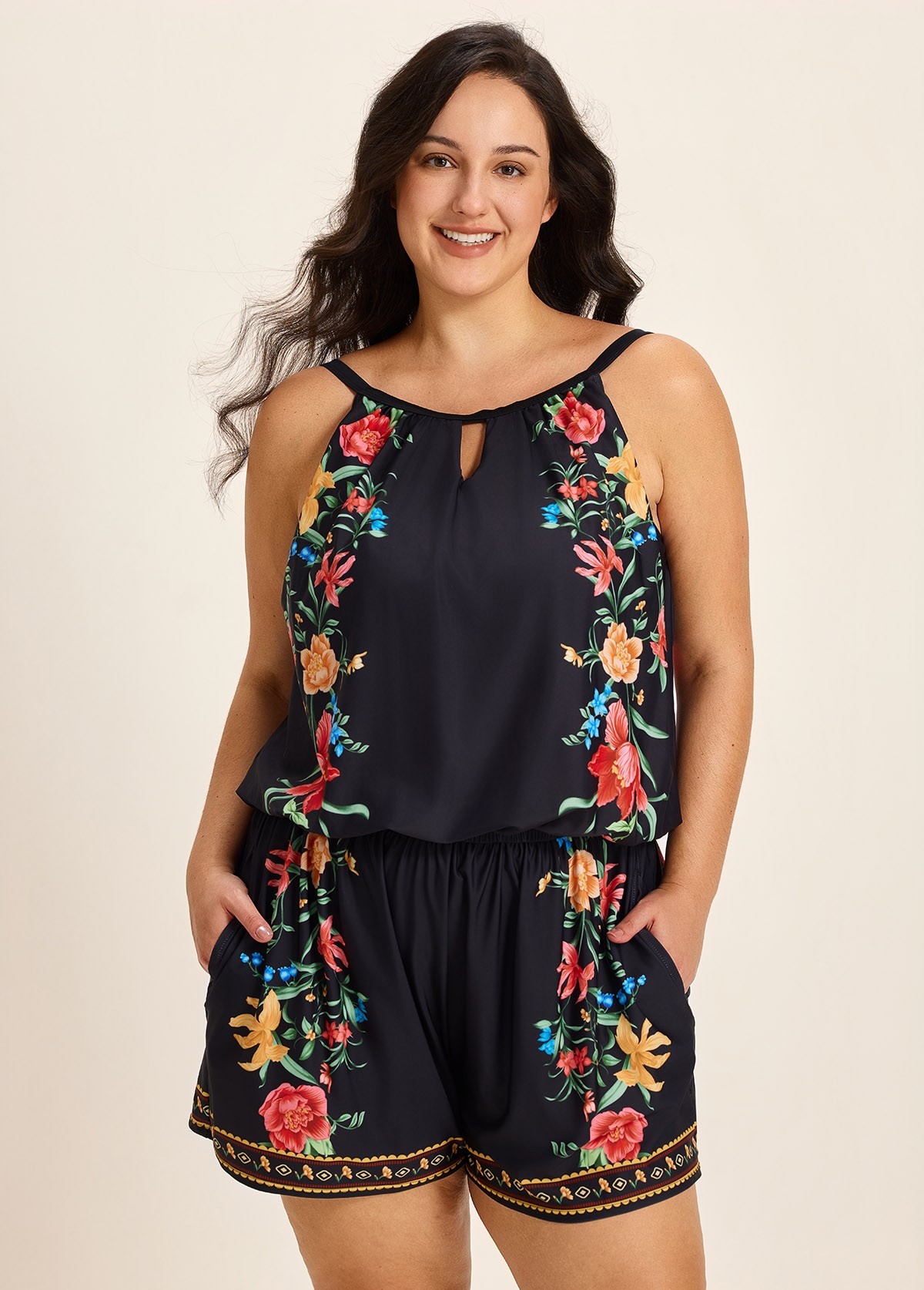 Plus Size Black Tropical Floral Keyhole Neck Modest Pocket Swimsuit One Piece Swim Romper