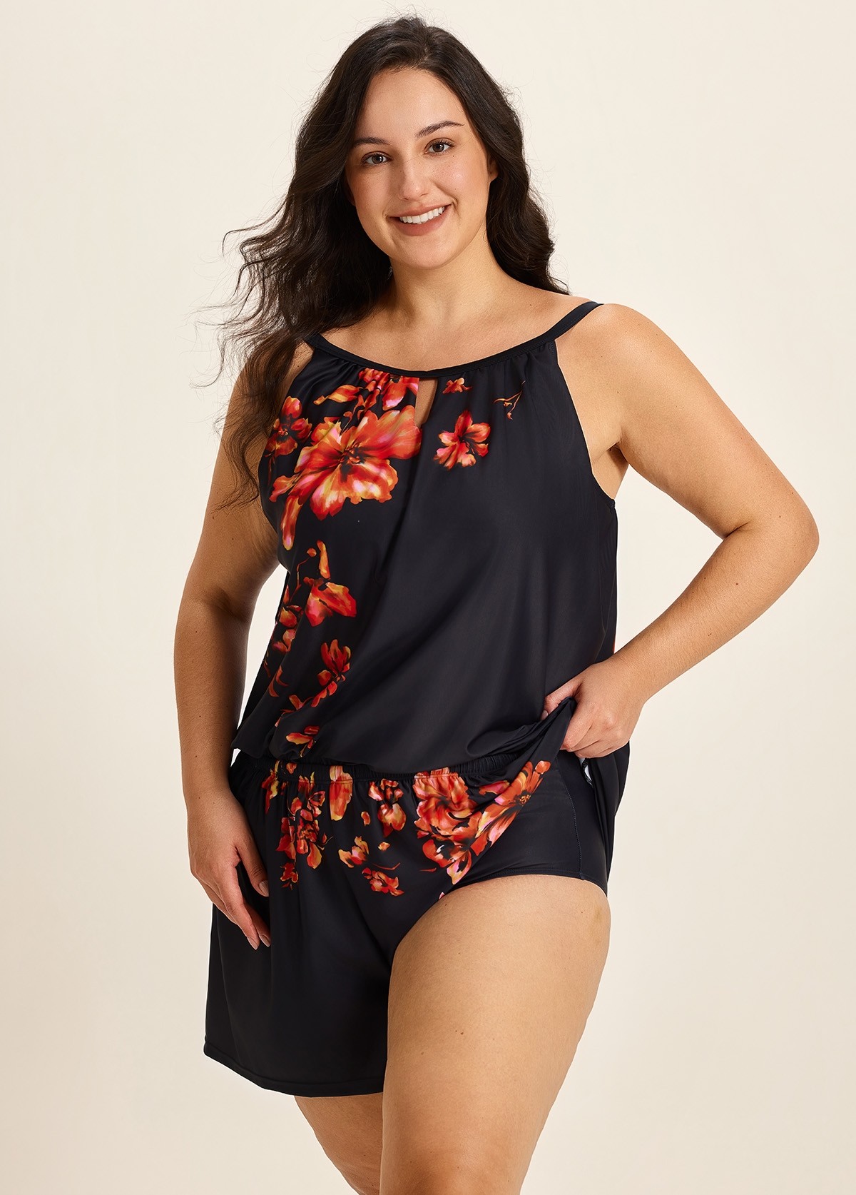 Curvy Red Tropical Floral Keyhole Neck Modest Pocket Women's Swimsuit One Piece Swim Romper