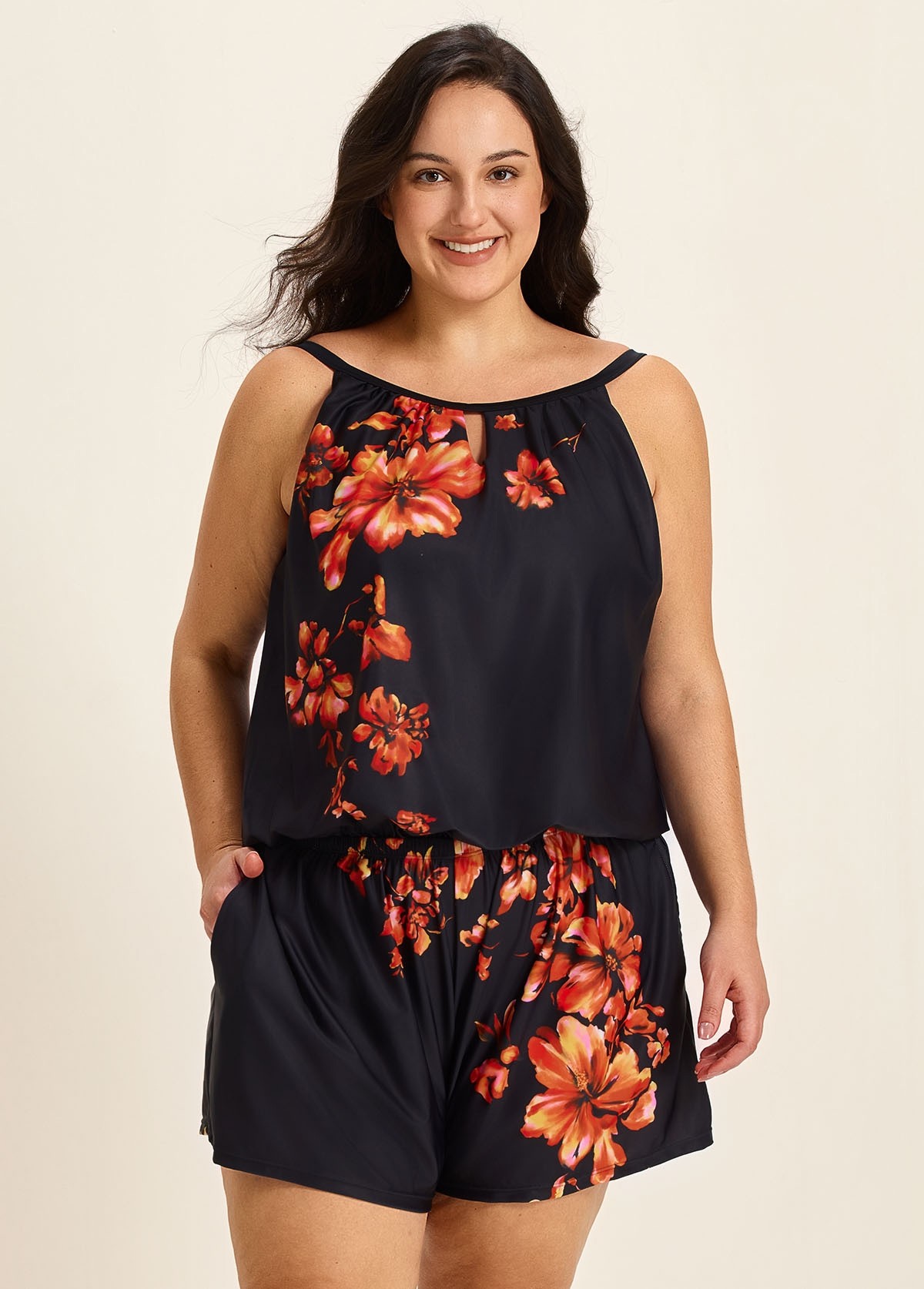 Curvy Red Tropical Floral Keyhole Neck Modest Pocket Women's Swimsuit One Piece Swim Romper