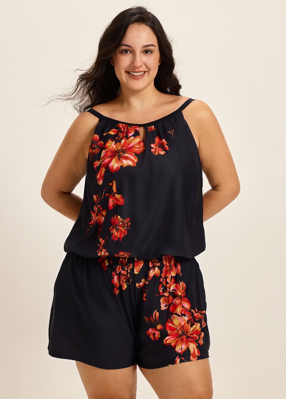 Curvy Red Tropical Floral Keyhole Neck Modest Pocket Women's Swimsuit One Piece Swim Romper