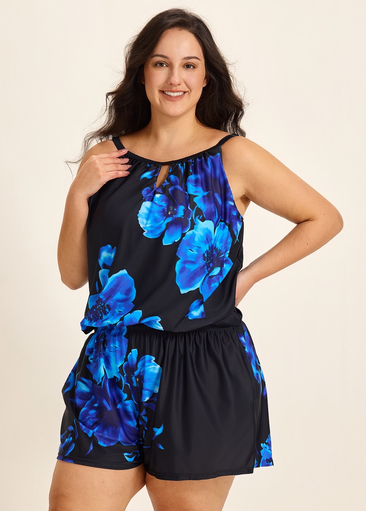 Blue Floral High Neck Flattering Pocket Plus Size Women's Swimsuit One Piece Swim Romper