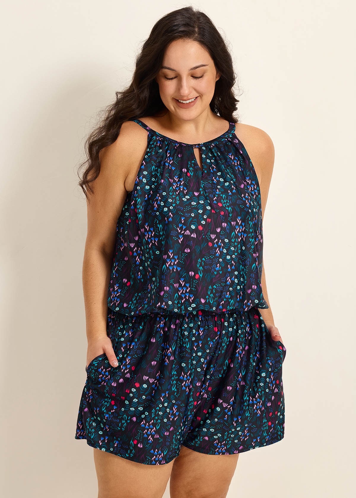 Black Print High Neck Flattering Pocket Curvy Women's Swimsuit One Piece Swim Romper