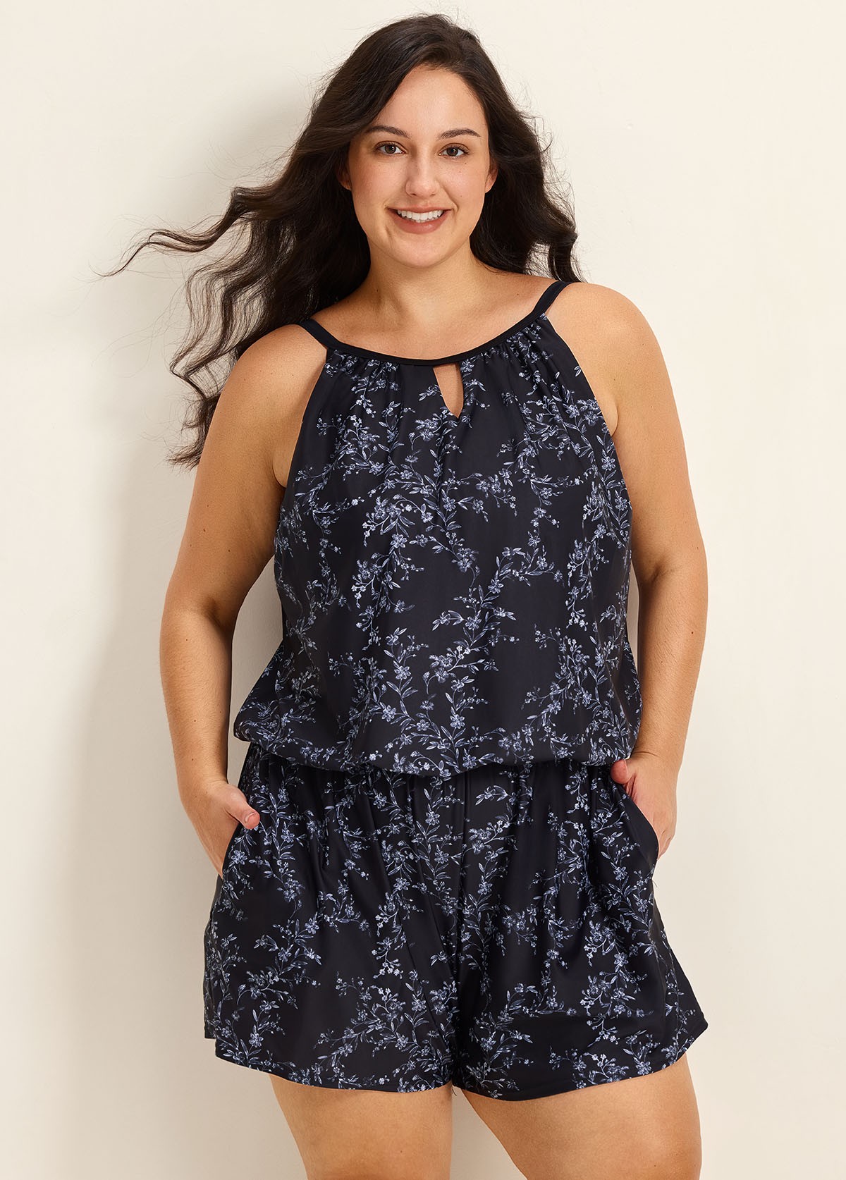 Plus Size Black Floral High Neck Vintage Pocket Women's Swimsuit One Piece Swim Romper