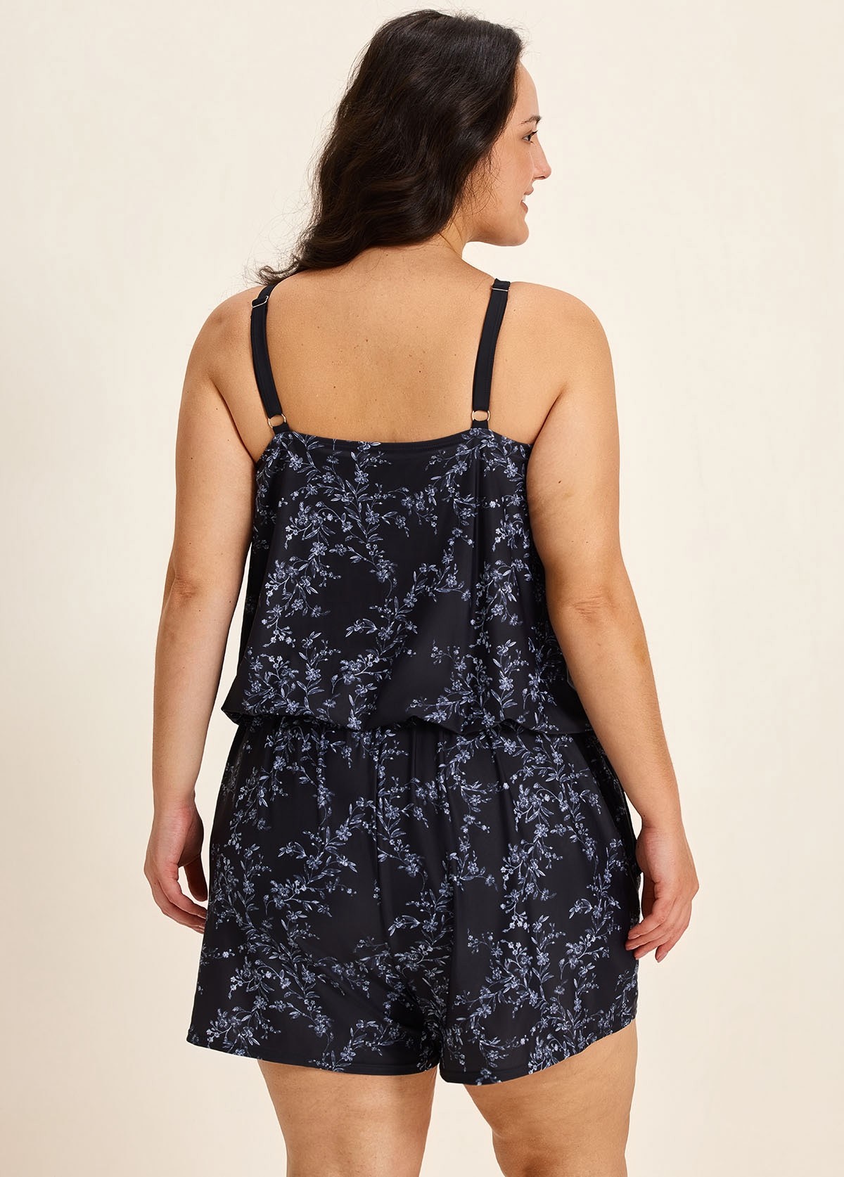 Plus Size Black Floral High Neck Vintage Pocket Women's Swimsuit One Piece Swim Romper