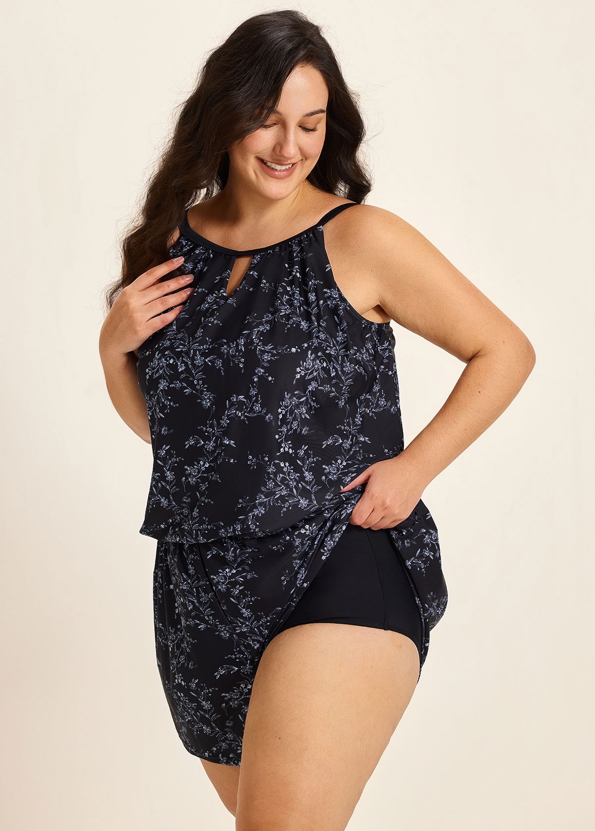 Plus Size Black Floral High Neck Vintage Pocket Women's Swimsuit One Piece Swim Romper