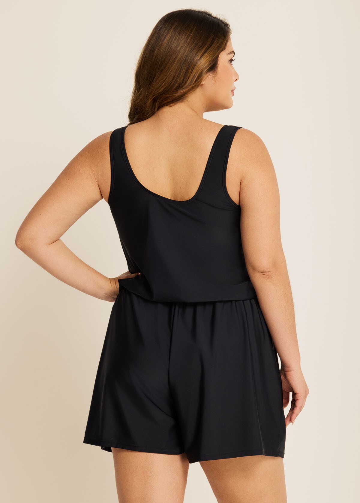 Plus Size Black Wide Strap Pocket 1 Piece Bathing Suits Romper One Piece Swimsuit